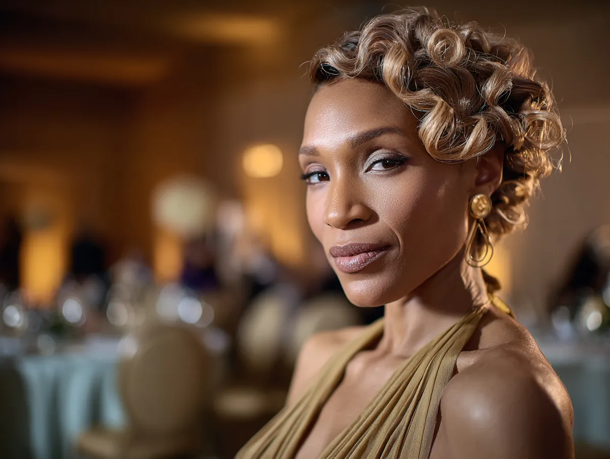 woman with a graduated bob haircut styled in soft curls wearing a formal dress at a wedding reception in warm lighting