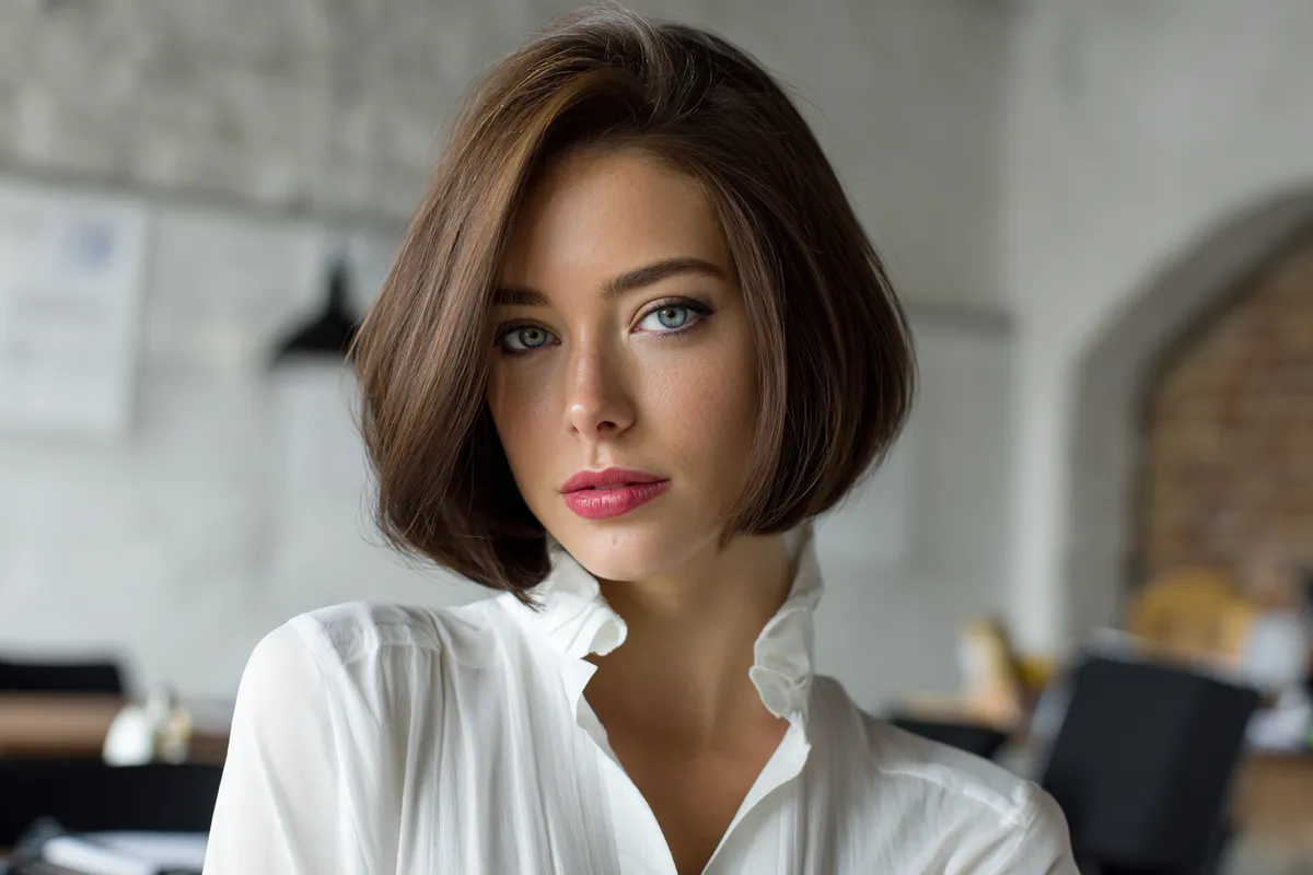 woman with a graduated bob haircut styled with a side part wearing a white shirt in a conference room