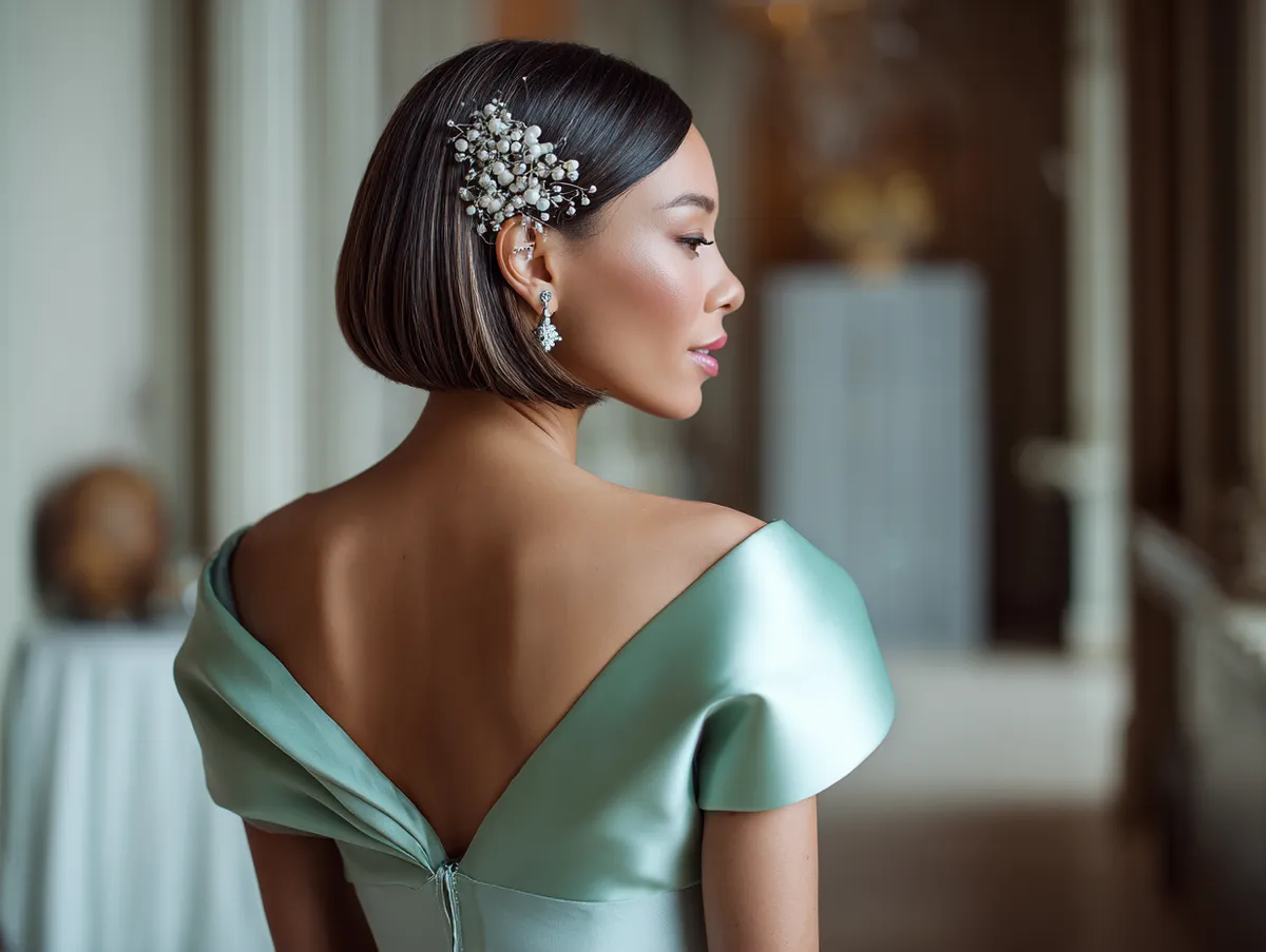 bridesmaid with a graduated bob haircut styled sleek and straight wearing a pastel gown in a wedding hall