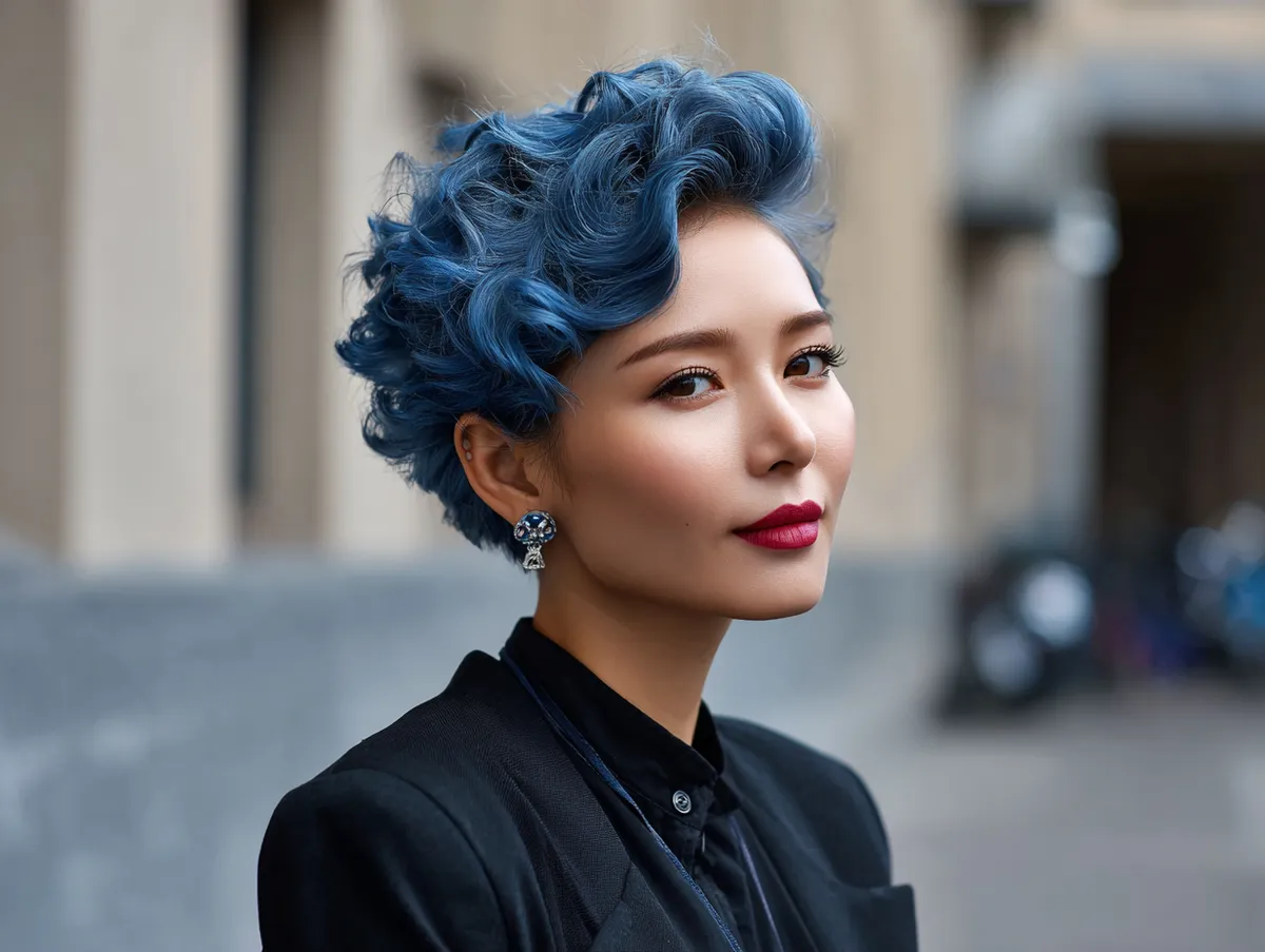 A Korean short hairstyle voluminous curls with sapphire blue shine hair color stylish modern woman in urban setting