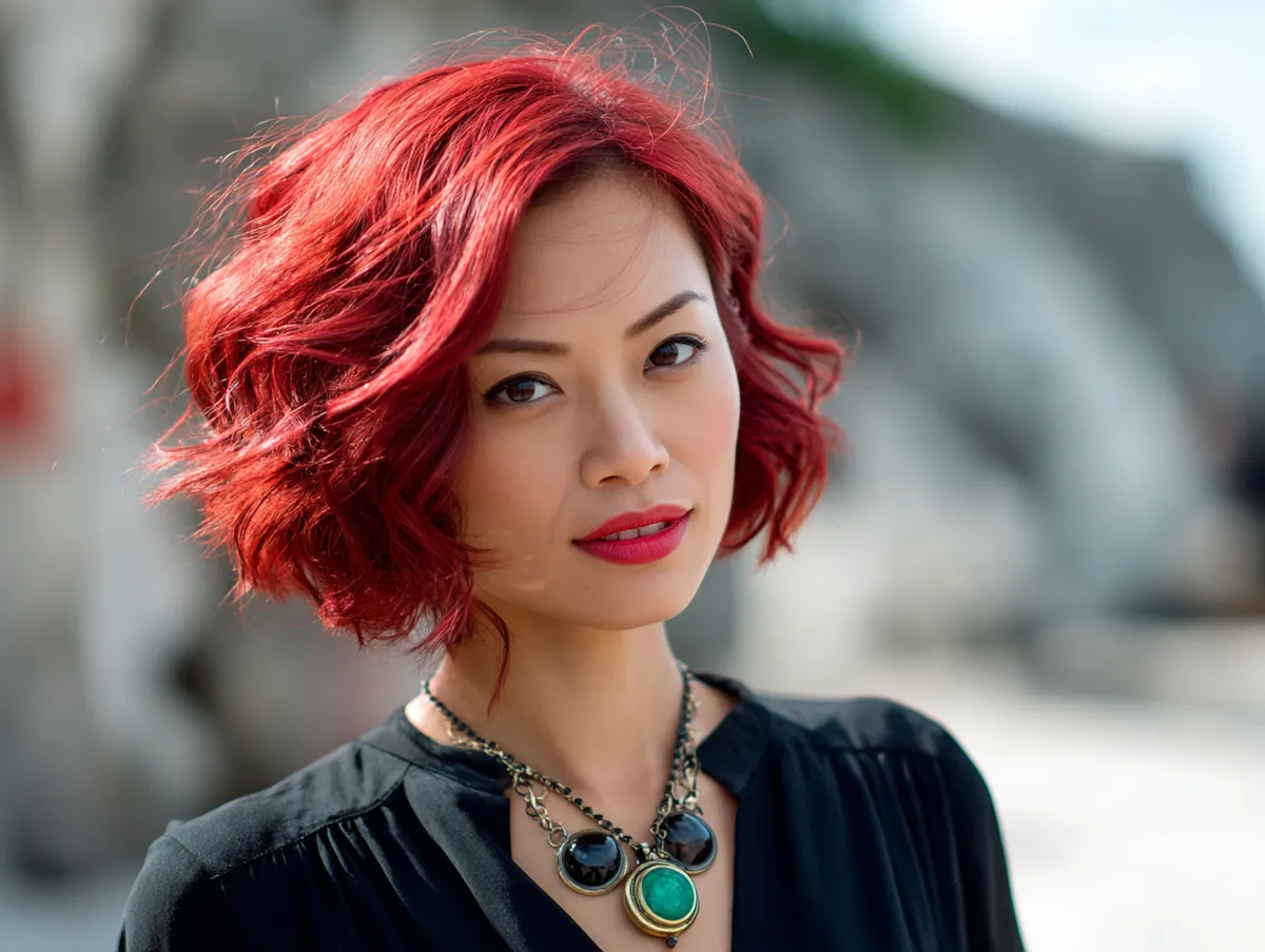 A Korean short hairstyle wavy bob haircut with fiery red shine hair color fashionable confident woman outdoors natural light