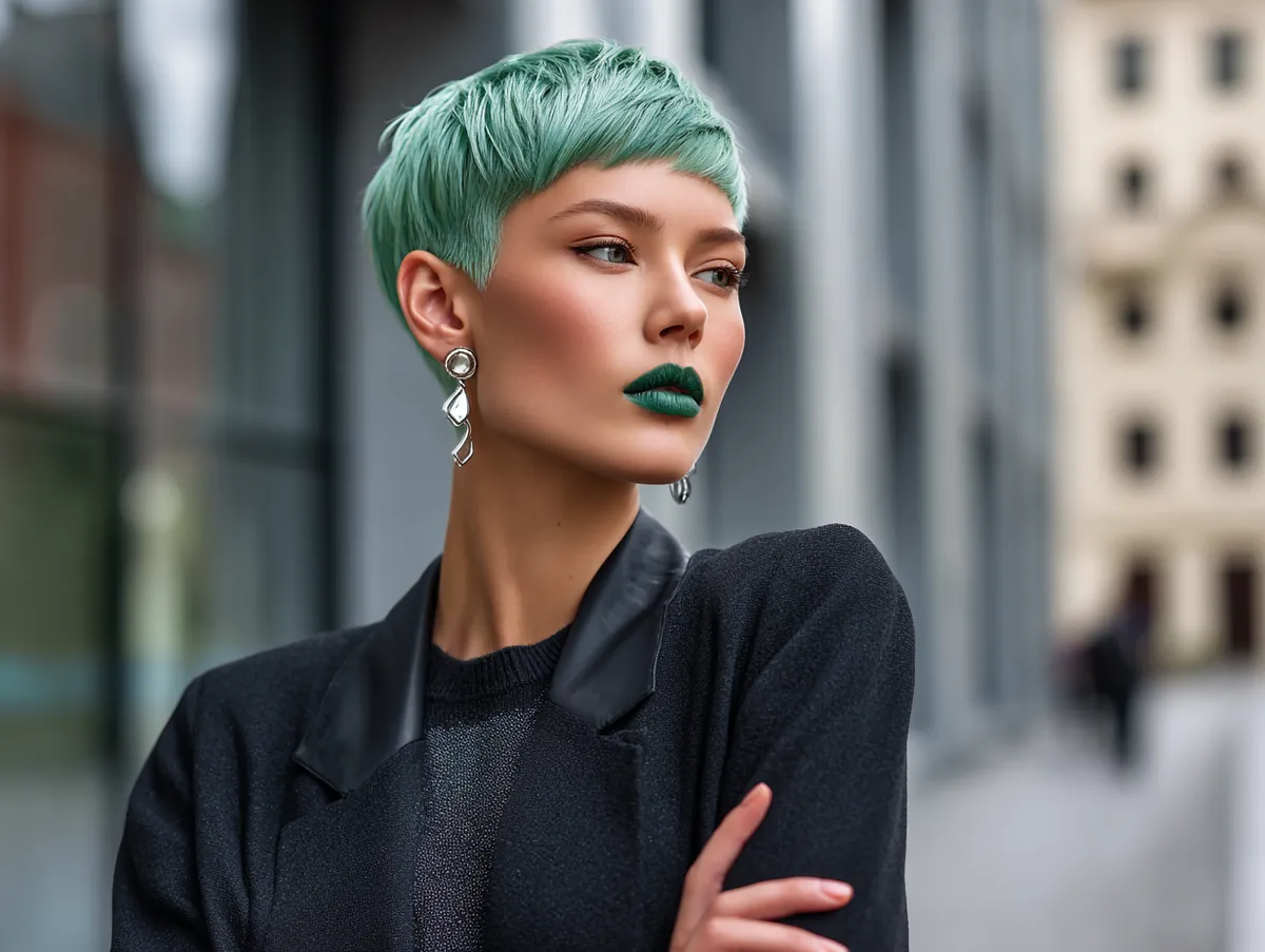 A Korean short hairstyle sleek straight pixie cut with emerald green glow hair color modern stylish look confident standing in urban city background