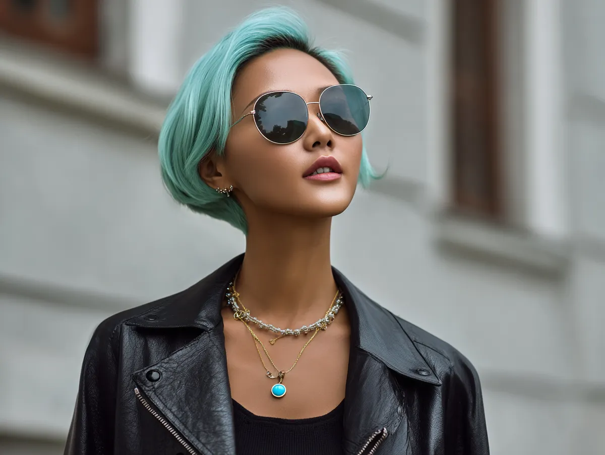 A Korean short hairstyle angled bob with turquoise glow hair color modern confident woman in outdoor daylight fashionable vibe