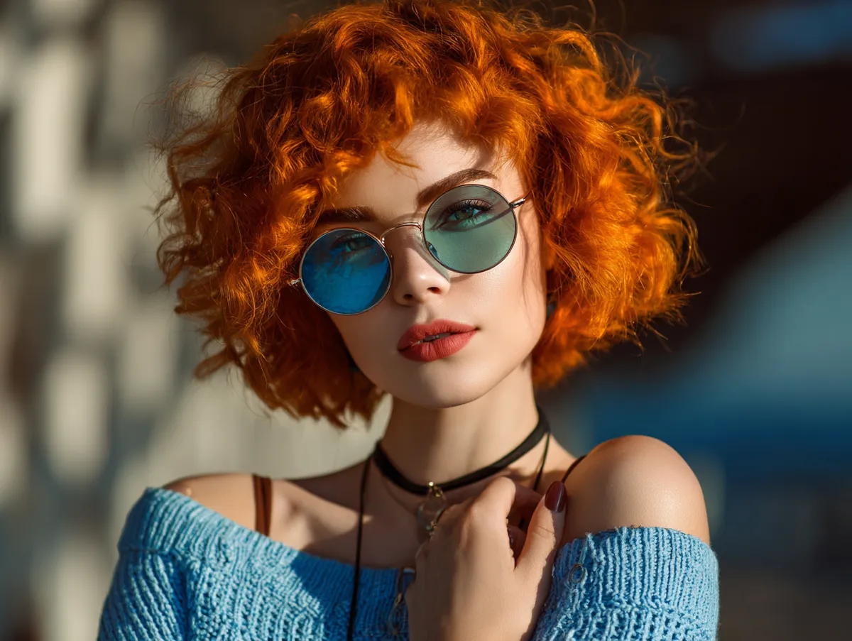 A Korean short hairstyle curly bob haircut with electric orange glow hair color trendy confident woman outdoors natural sunlight