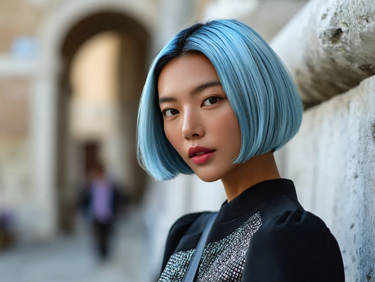 A Korean short hairstyle sleek straight bob haircut with glossy blue shine hair color standing outdoors in natural light stylish confident expression