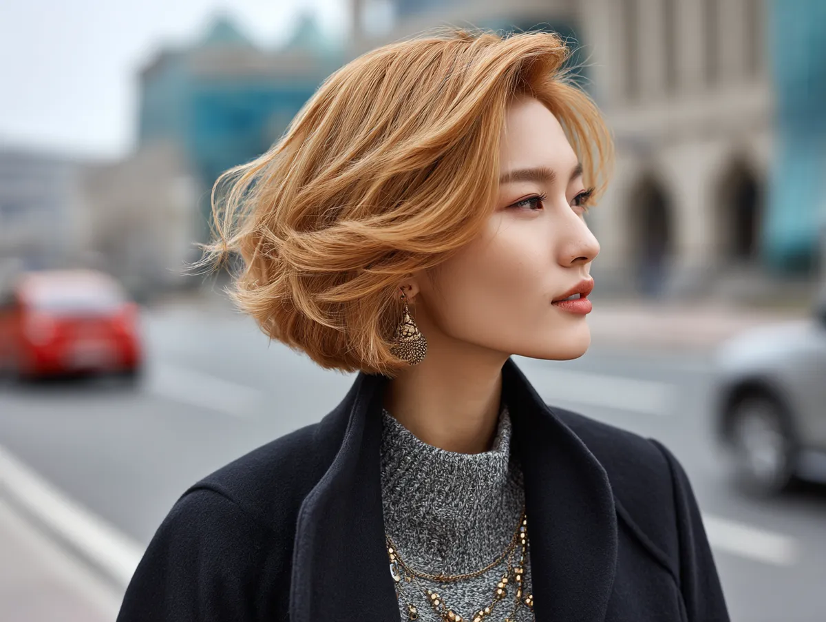 A Korean short hairstyle layered waves with golden blonde glow hair color elegant modern look woman in city atmosphere