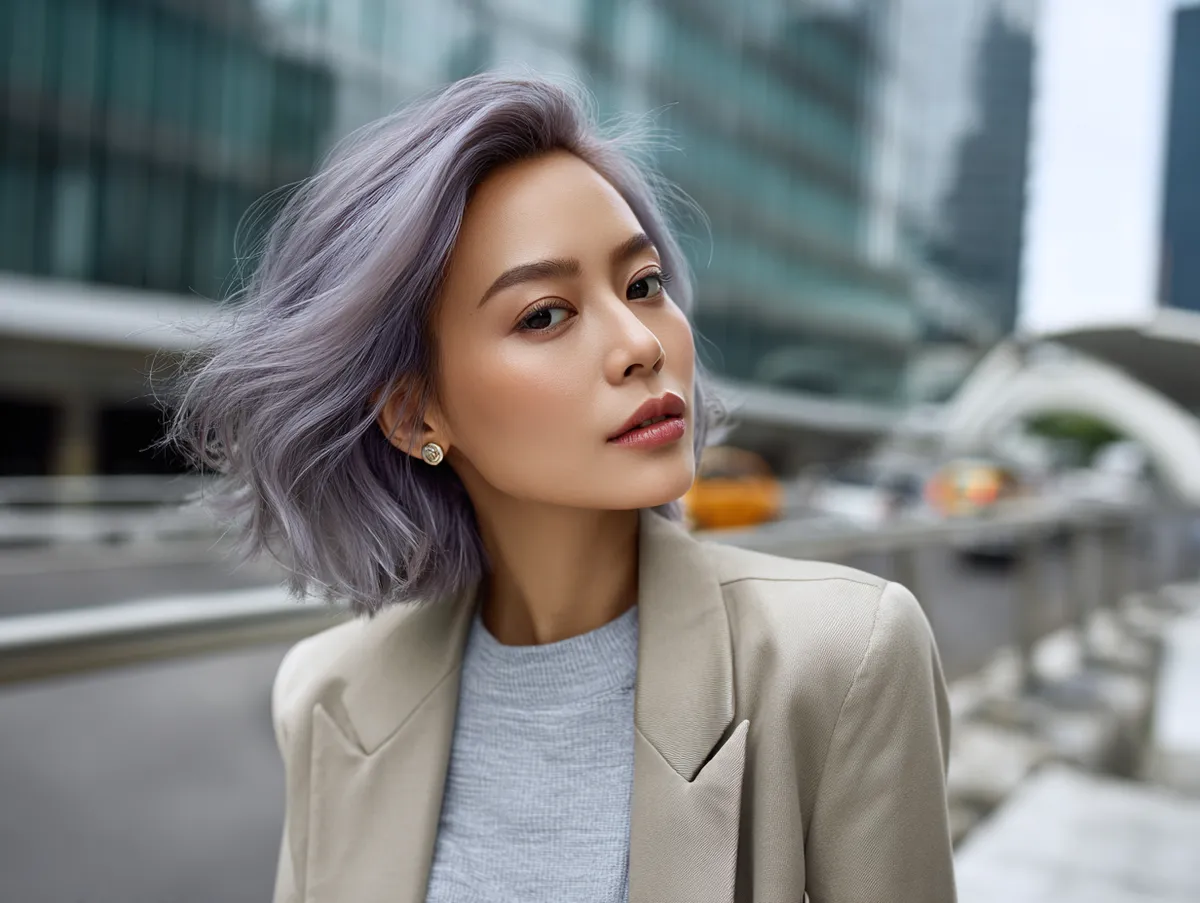 A Korean short hairstyle layered lob with silver lavender shine hair color chic confident woman in modern city setting