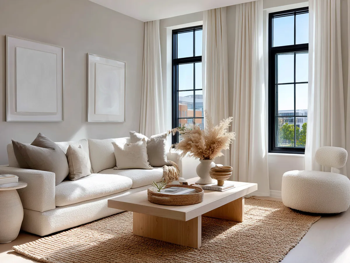 Bright minimalist living room with soft neutral furnishings, plush ivory sofa, pale wooden coffee table, large floor-to-ceiling windows, airy white curtains, simple abstract wall art, natural woven rug, calming peaceful atmosphere