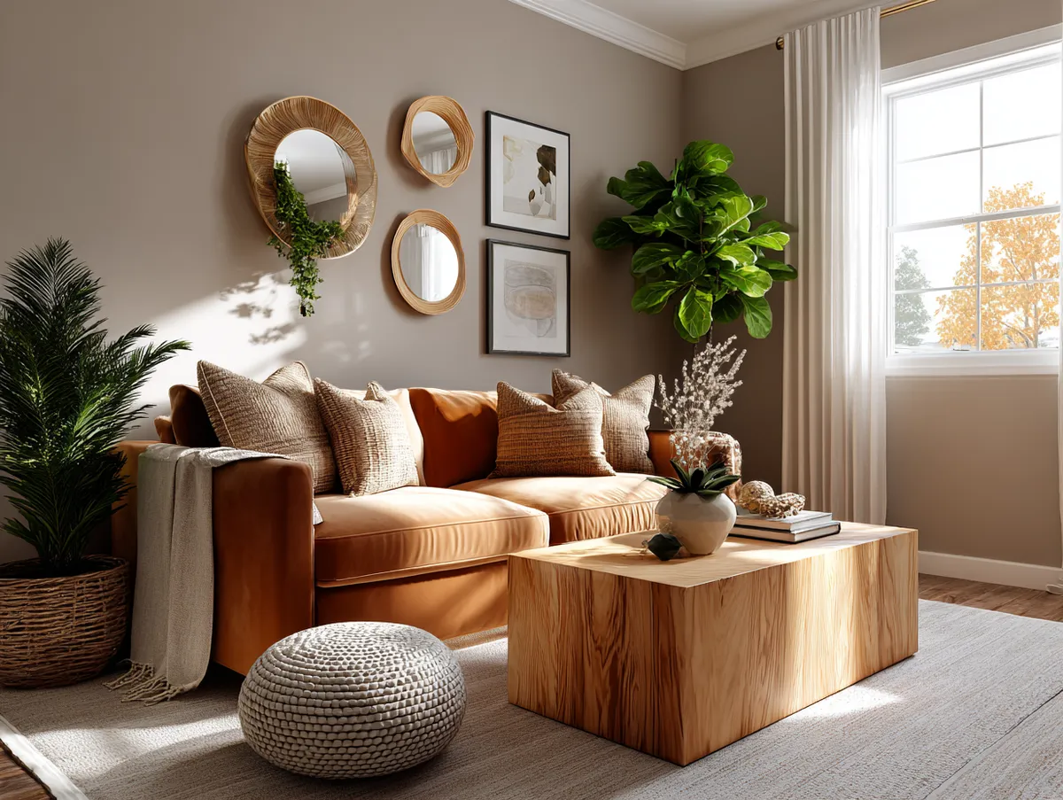 Cozy modern living room with a harmonious blend of earth tone furnishings, natural wooden coffee table, plush caramel sofa, layered neutral rugs, leafy indoor plants, soft sunlight streaming through sheer curtains, artful wall decor, warm inviting ambiance