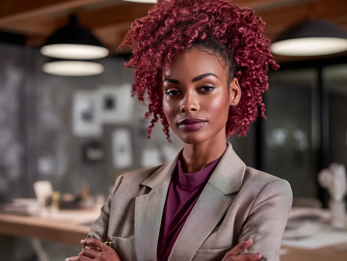 Mahogany Red Waves – woman with mahogany red sewin hair style in soft waves, contemporary workspace, business suit, confident posture, warm and professional energy
