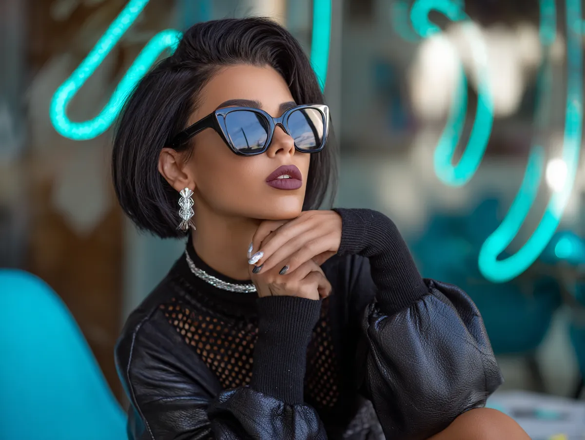 Jet Black Sleek Layers – stylish woman with jet black layered sewin hair style, trendy rooftop bar scene, neon light reflections, fashionable modern outfit, playful yet confident pose