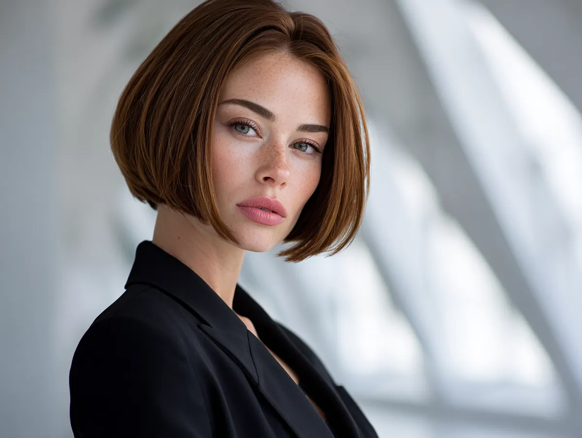 Smooth Chestnut Brown Bob – professional woman with chestnut brown sewin hair style in a sleek bob, modern office background, tailored blazer, poised expression, elegant and confident atmosphere