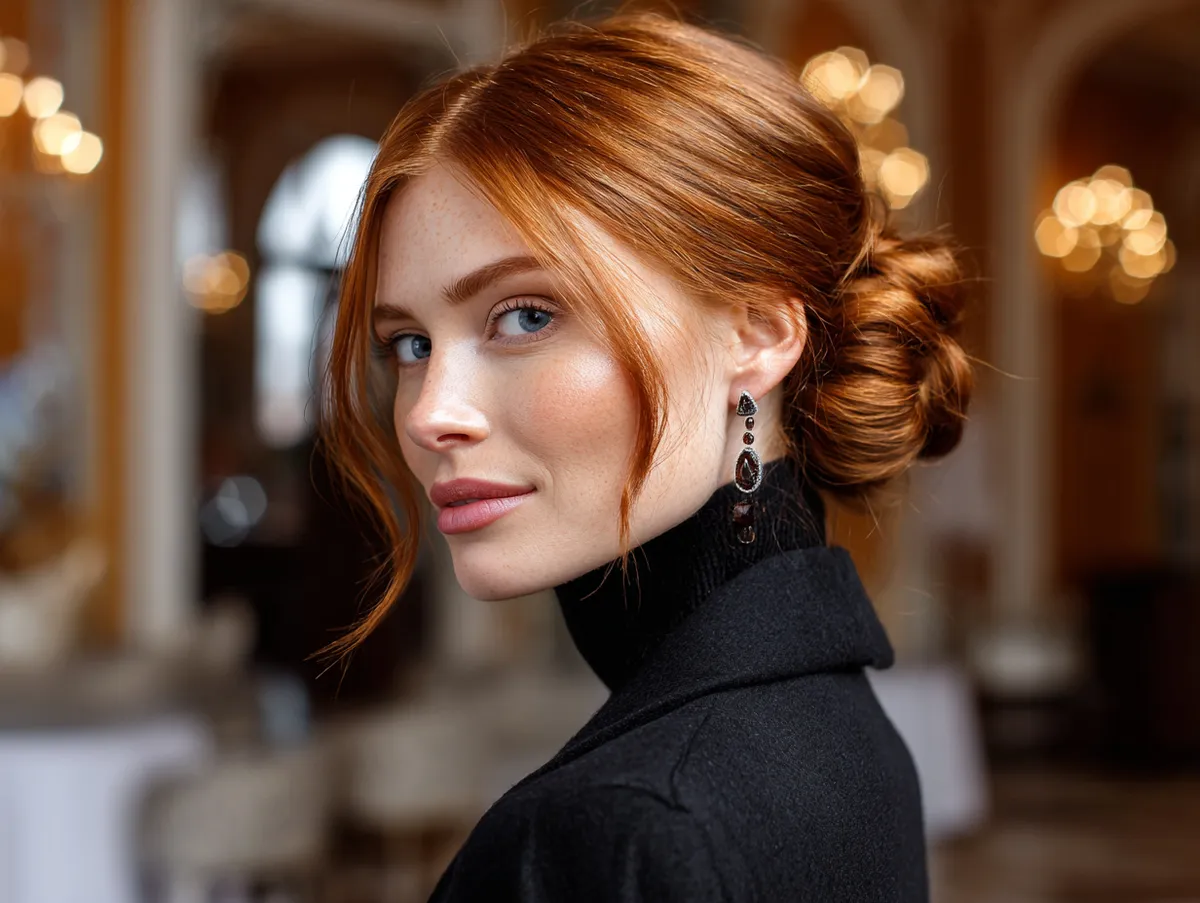 A woman with a round face wearing a low slick back bun, auburn hair parted in the center, soft glowing makeup, classy evening outfit, indoor elegant setting