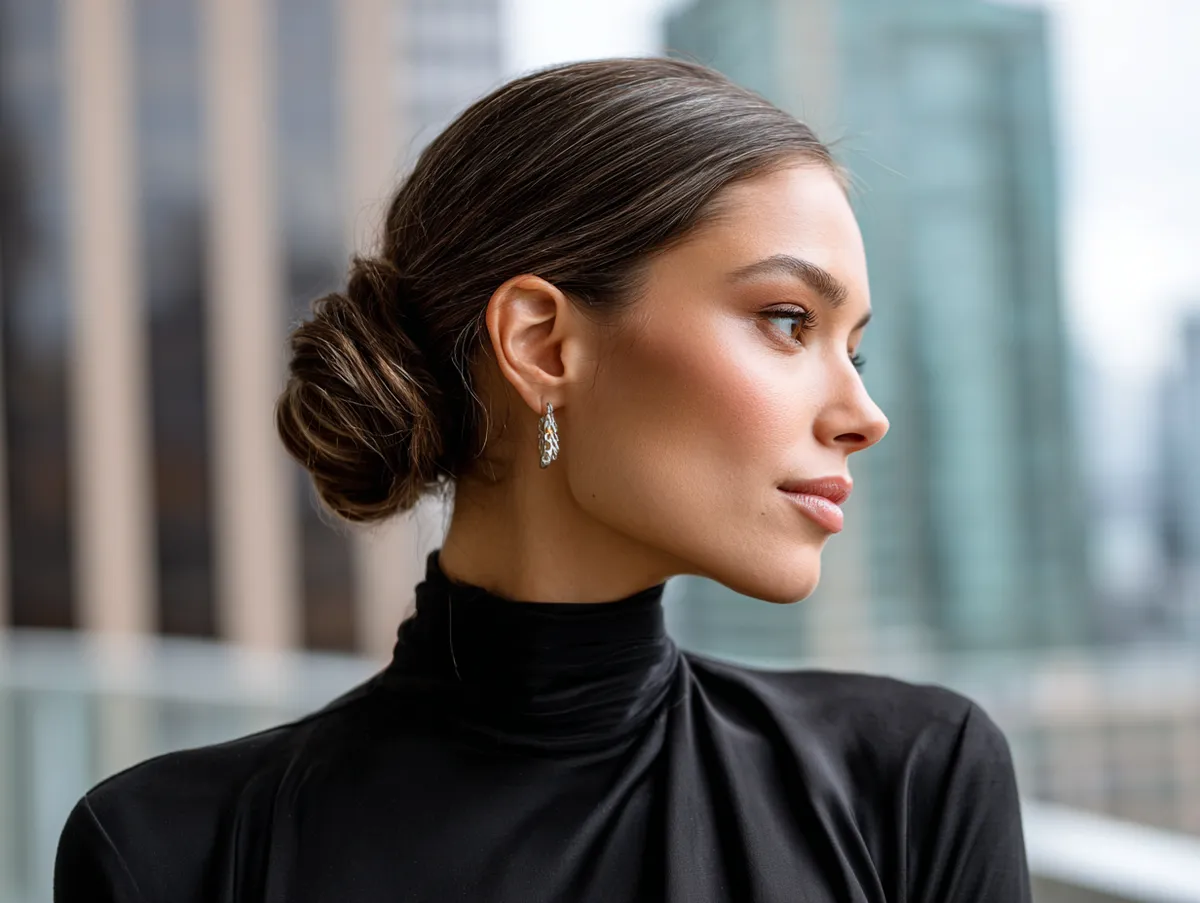 A woman with a round face wearing a slick back bun styled with a deep side part, glossy dark brown hair, soft natural makeup, elegant outfit, modern city background