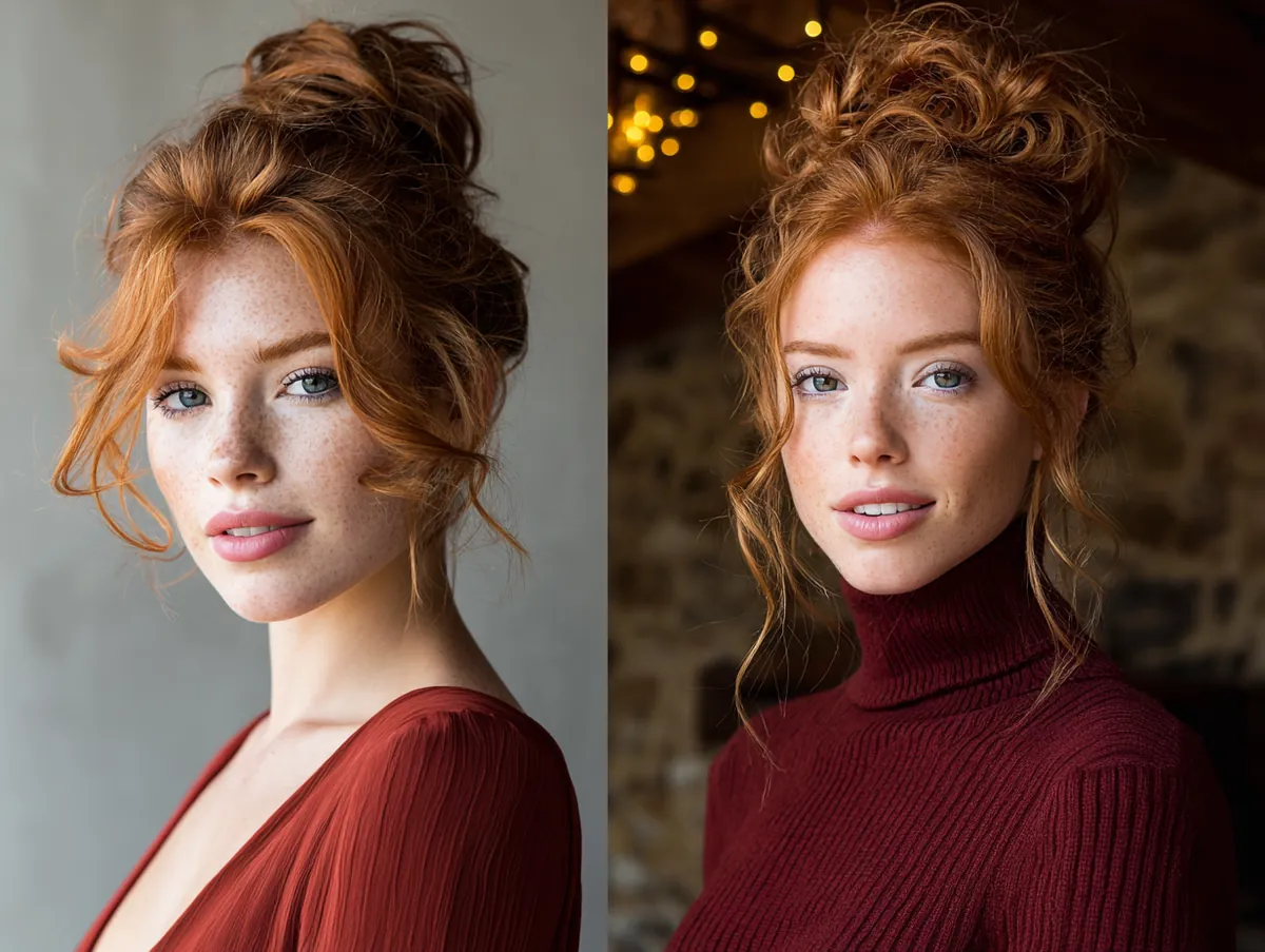 Messy updos for medium hair in copper red, textured bun, natural makeup, rustic setting, warm light accents