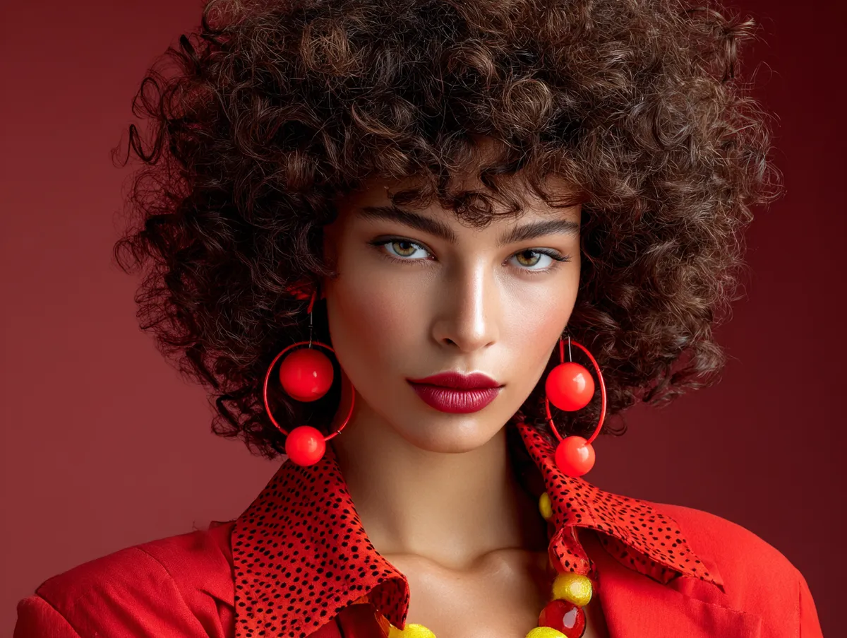 A model with voluminous curly hair in bright red, styled with the playful and daring energy of 80s hairstyles, wearing bold accessories