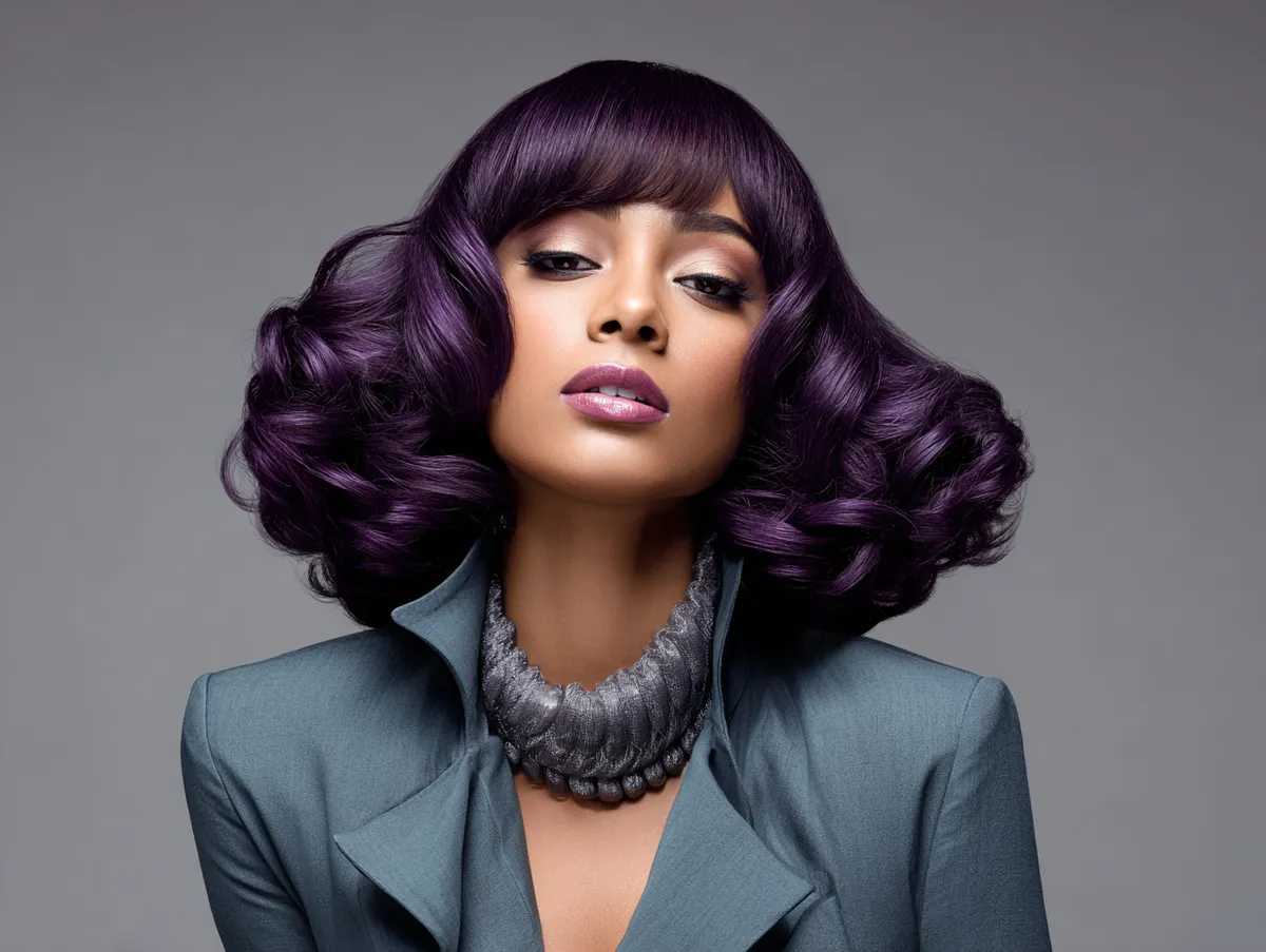 A stylish person with deep purple sleek yet voluminous hair, blending elegance with 80s hairstyles, wearing chic tailored clothing