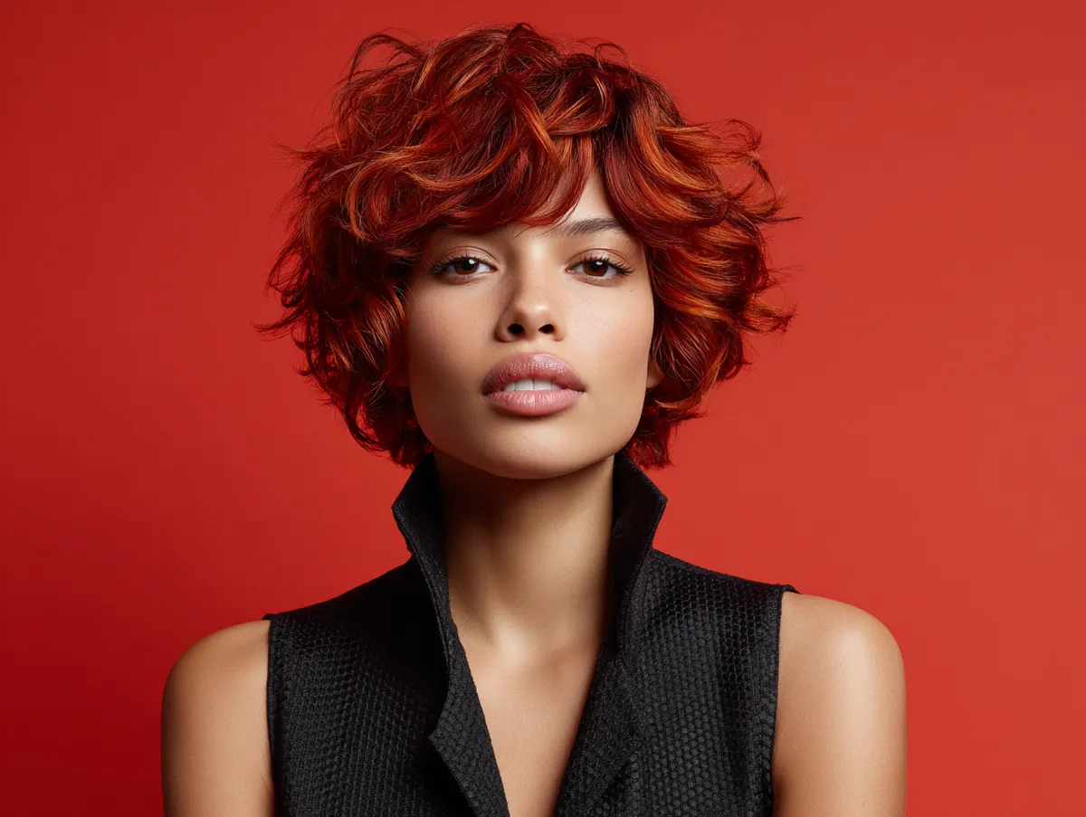 A confident woman with short wavy hair in a vibrant red shade, styled with soft layers that frame the face, modern fashion setting, glowing light.