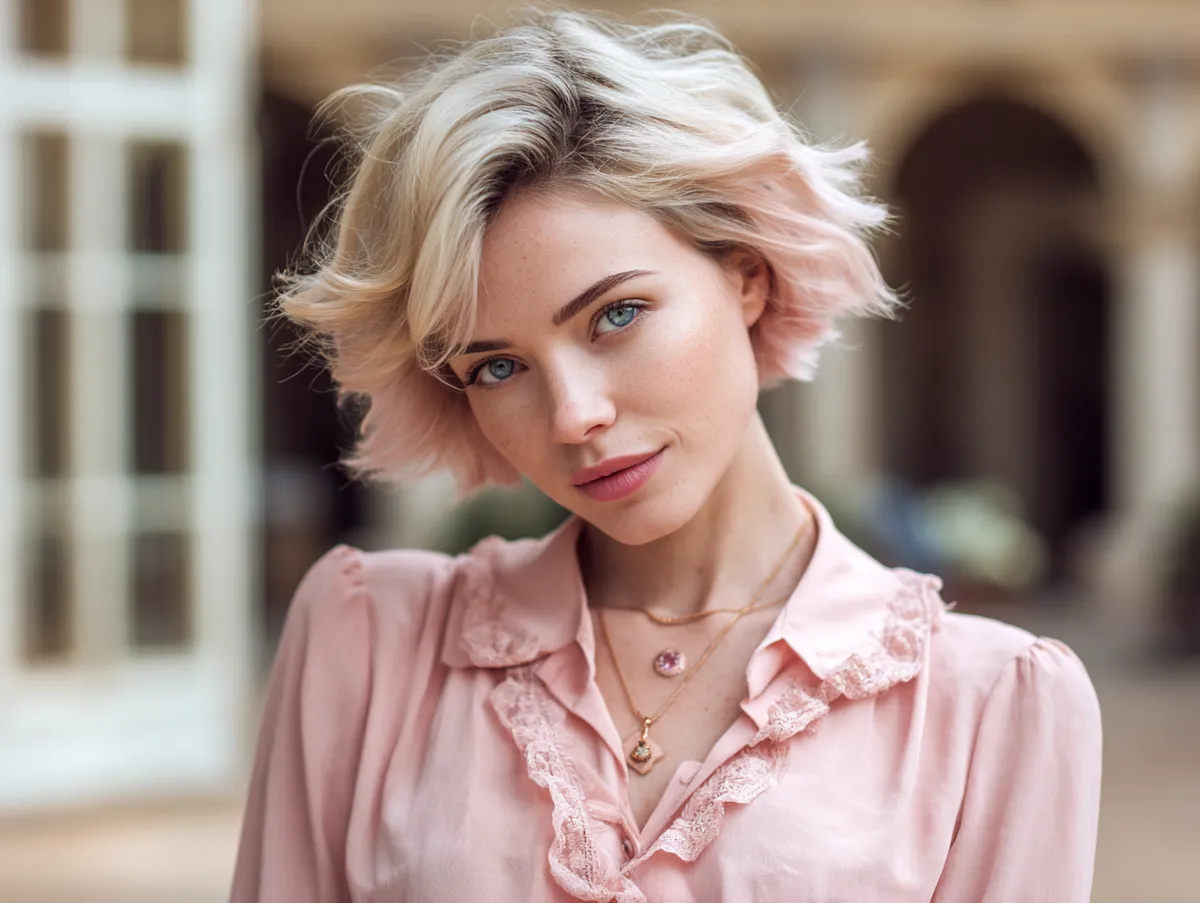 A fashionable woman with short wavy hair in pastel pink, softly layered with gentle volume, natural light, elegant outdoor setting.