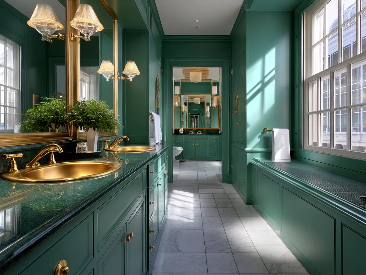 An editorial interior photograph of a luxurious bathroom, jewel-toned walls in sapphire and emerald, polished stone counters, reflective glass panels, and brass fixtures. Wide-angle view highlights symmetry and flow, natural morning light cascading across glossy surfaces, intimate vignettes capture texture in stone, sheen of lacquered cabinetry, and precise joinery. Clean architectural style, minimal clutter, refined editorial storytelling.