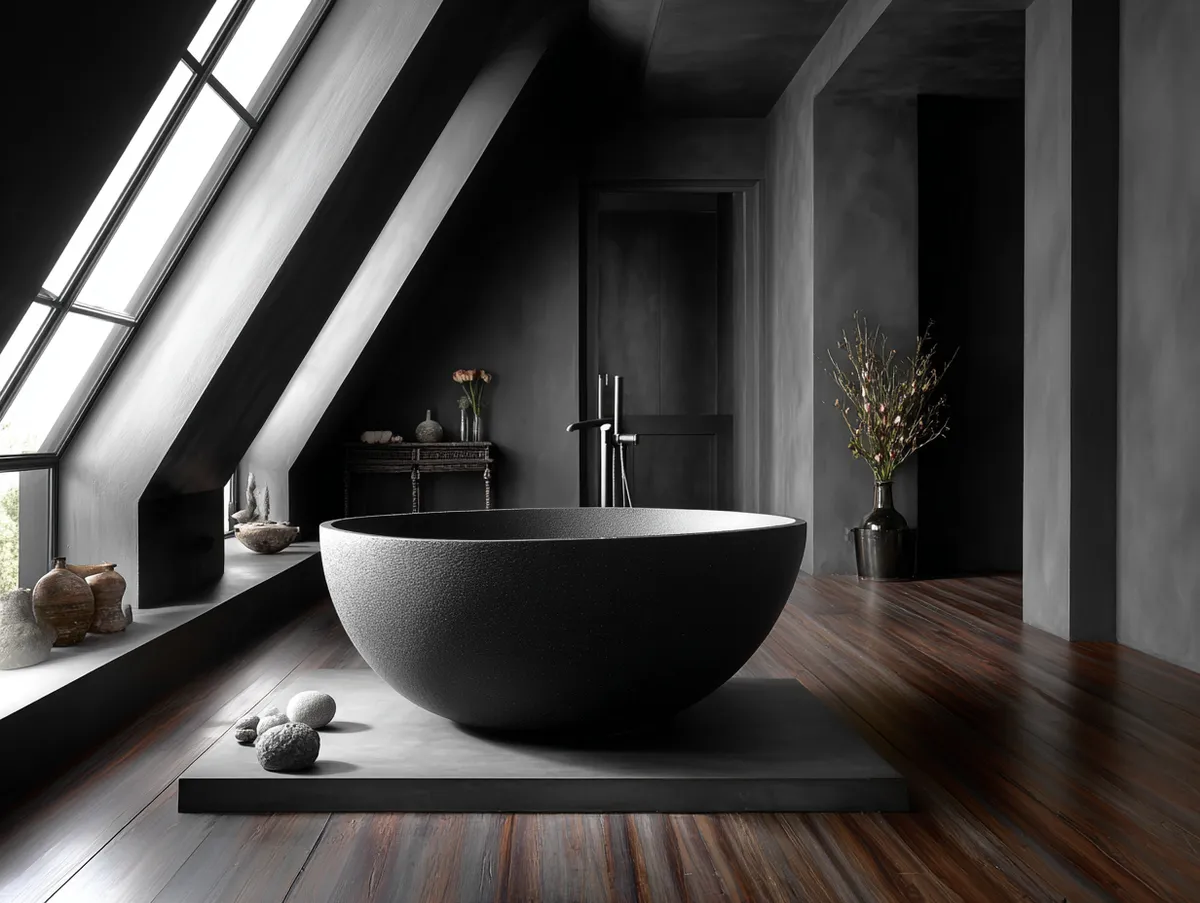 A bold monochrome bathroom styled entirely in black, polished concrete floors, matte black walls, sculptural freestanding tub, sharp architectural angles softened by natural light. Wide shot shows minimalist geometry, intimate vignettes reveal craftsmanship in joinery, fine stone textures, and precise shadow play. Editorial magazine style, refined, uncluttered, dramatic but balanced.