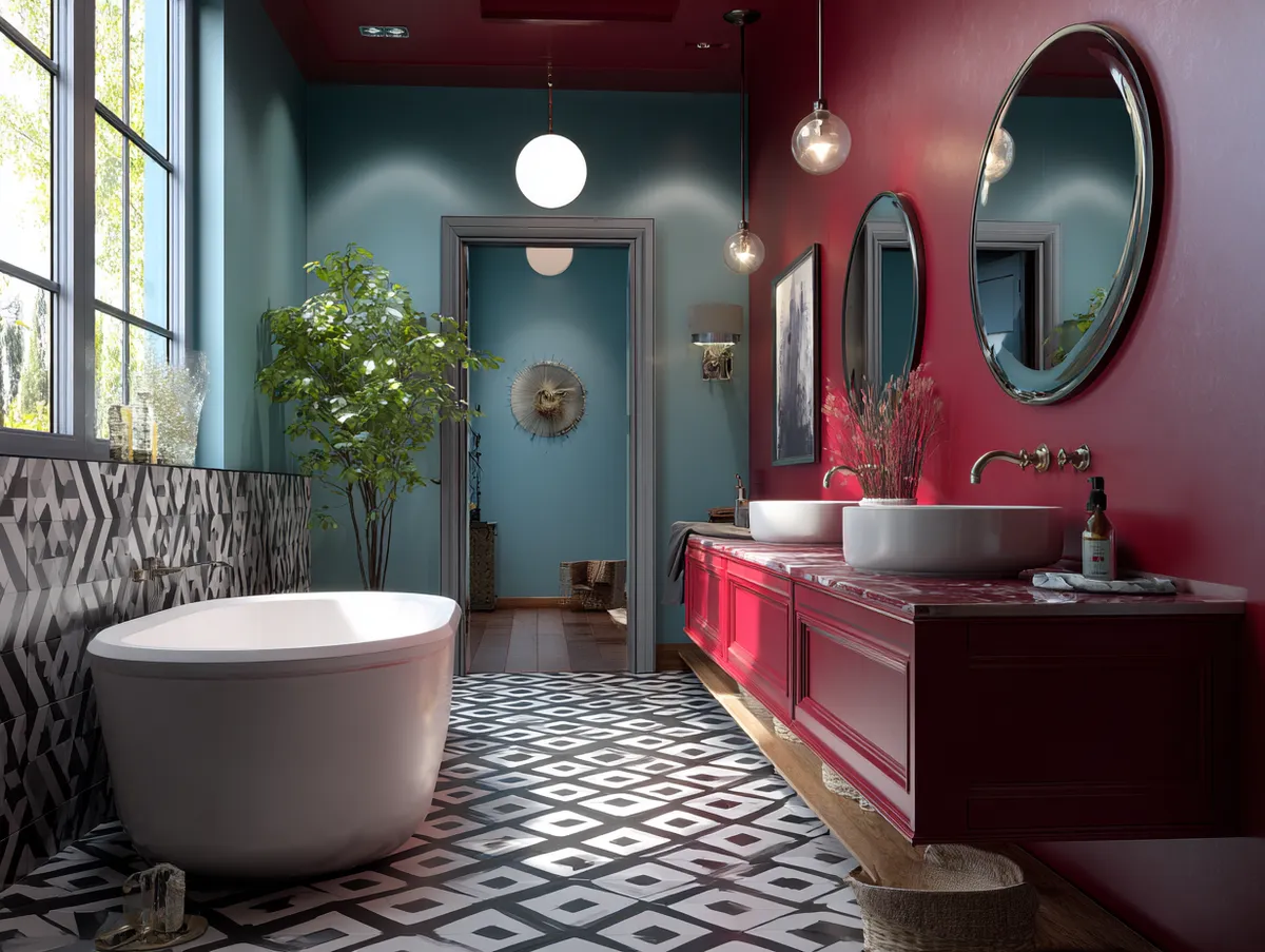 A daring bathroom with bold colour contrasts, crimson and teal walls, geometric patterned tiles in black and white, modern fixtures. Wide shot emphasizes spatial flow, strong diagonals in flooring, intimate vignettes reveal craftsmanship in tilework, interplay of vibrant colours with natural daylight. Editorial aesthetic, clean but dynamic, minimal clutter with strong styling.