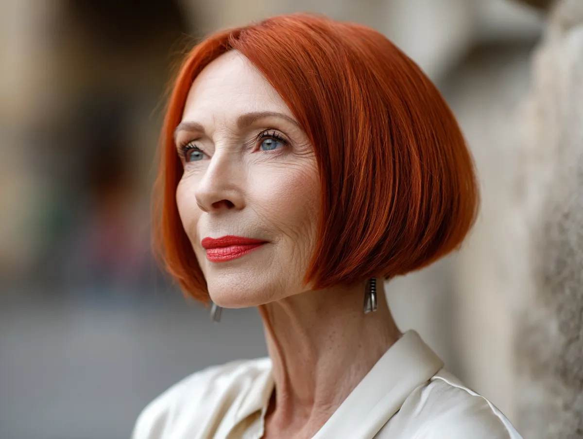 A graceful older woman with a radiant red bob haircut styled sleek with subtle shine, elegant and confident, wearing a chic blouse, natural daylight, warm and uplifting atmosphere