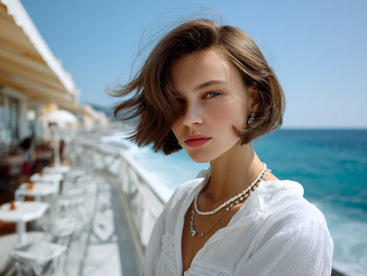 A breezy riviera bob on fine hair, sunlit seaside setting with effortless elegance, candid photography