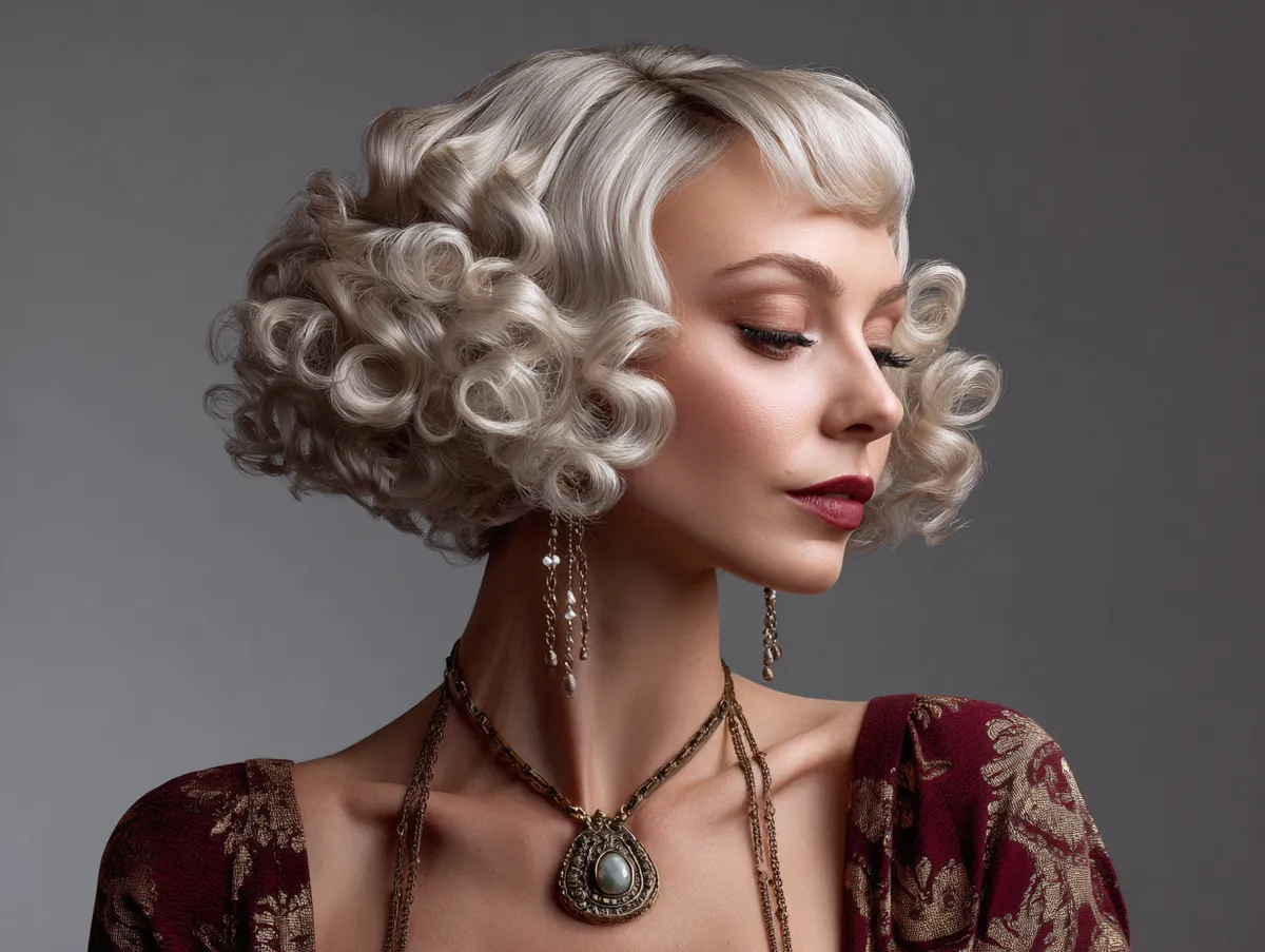 A luxurious baroque bob on fine hair, elegant curls with artistic flair, vintage inspired studio look
