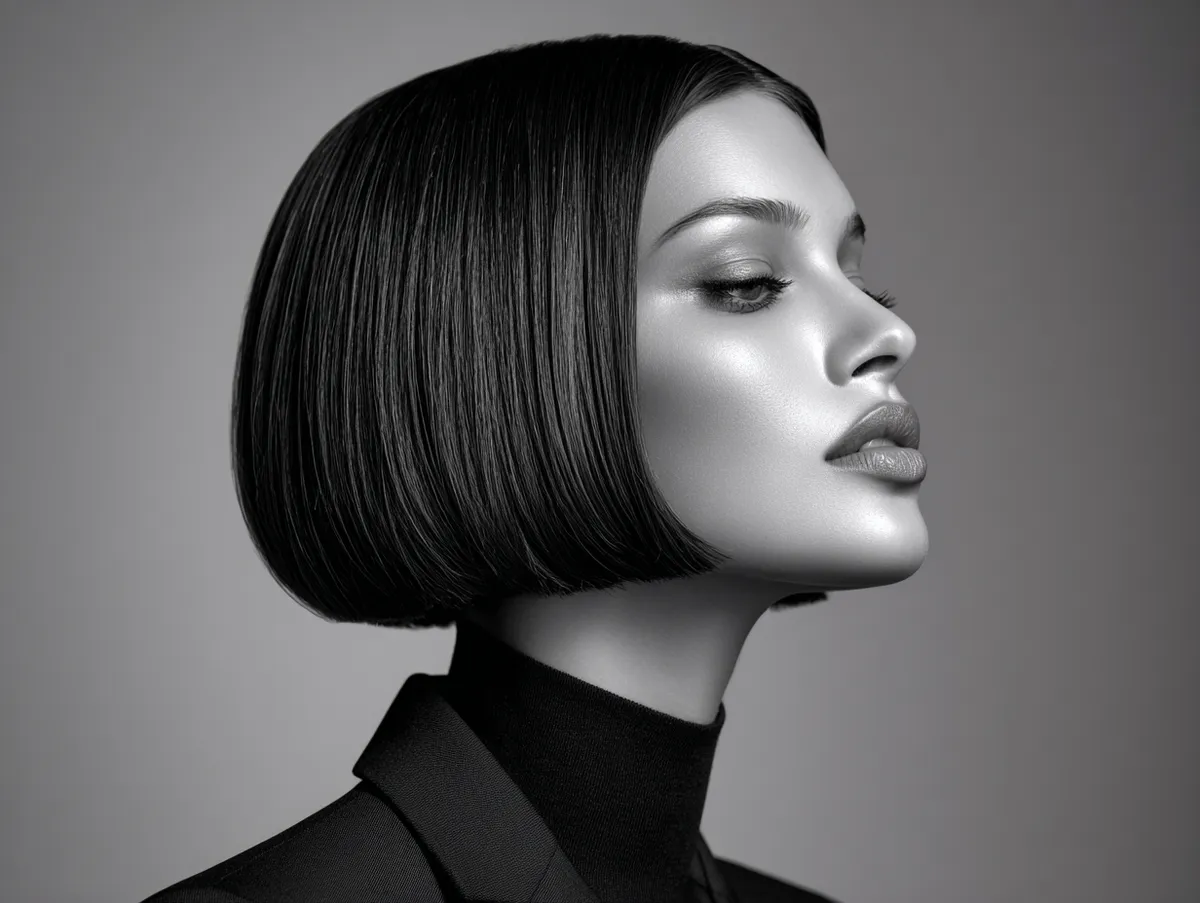 A sleek jawline bob on fine hair, sharp edges and glossy finish, minimalistic fashion editorial style