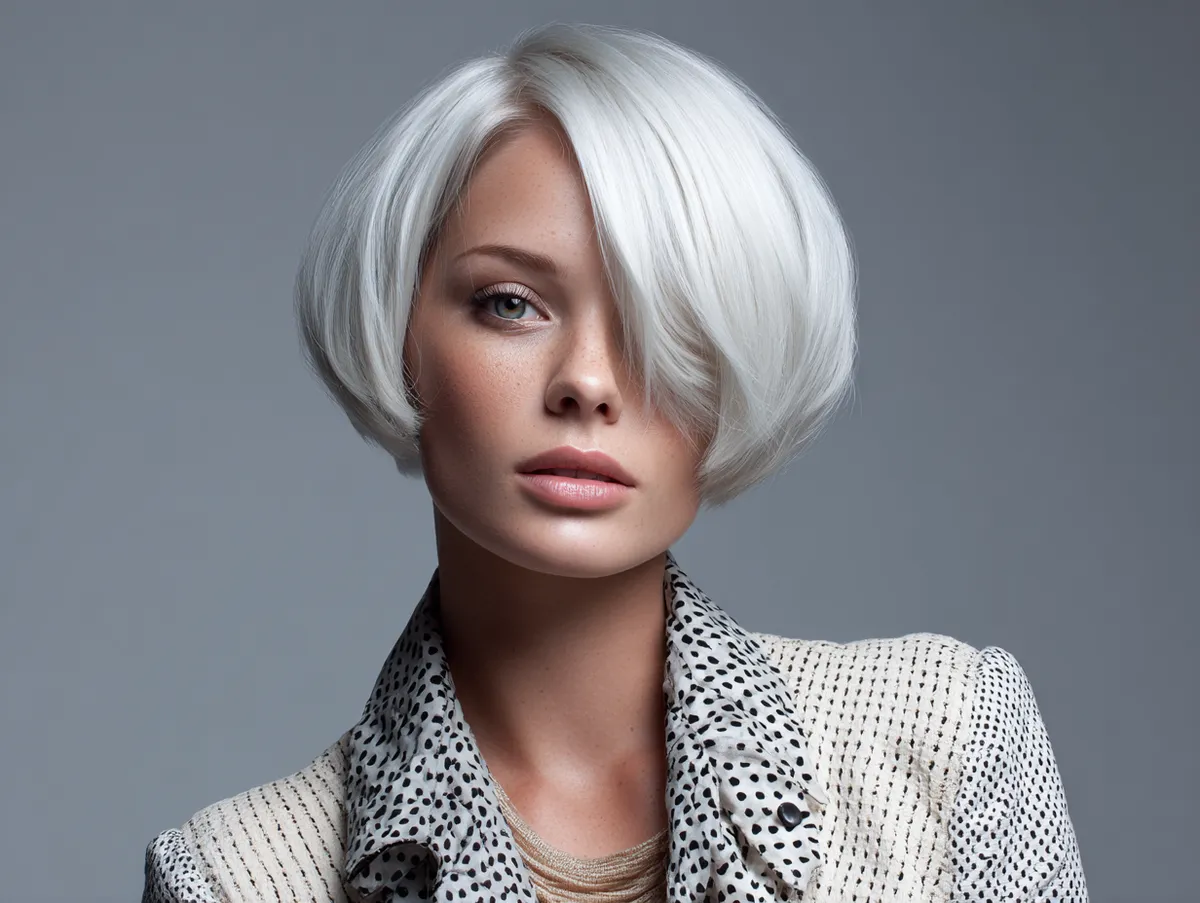A chic ultra short bob on fine hair with soft texture and light movement, modern fashion photography style