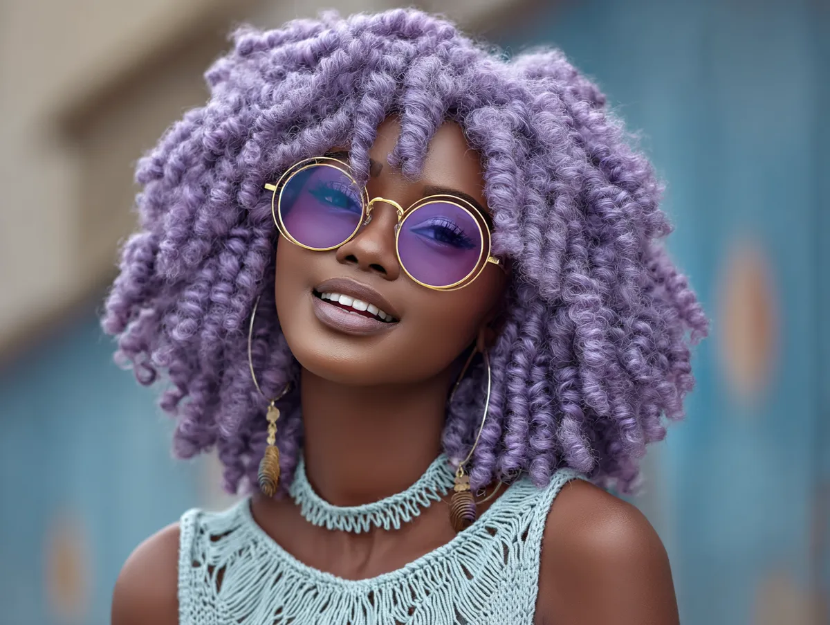 A confident woman with crochet hair styles curly in radiant purple tones, voluminous texture, glowing smile, modern street fashion background