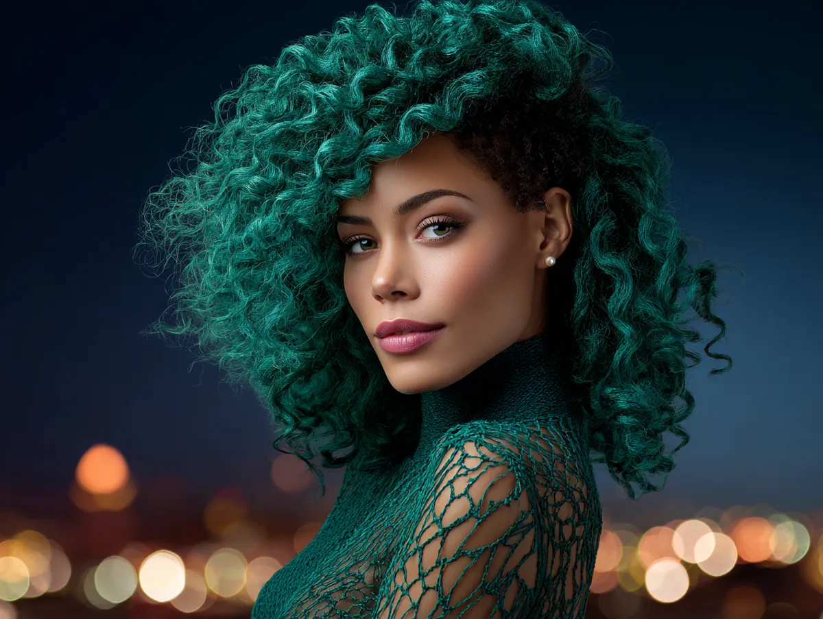 A stylish woman with crochet hair styles curly in emerald green shades, flowing curls with shine, evening city lights background
