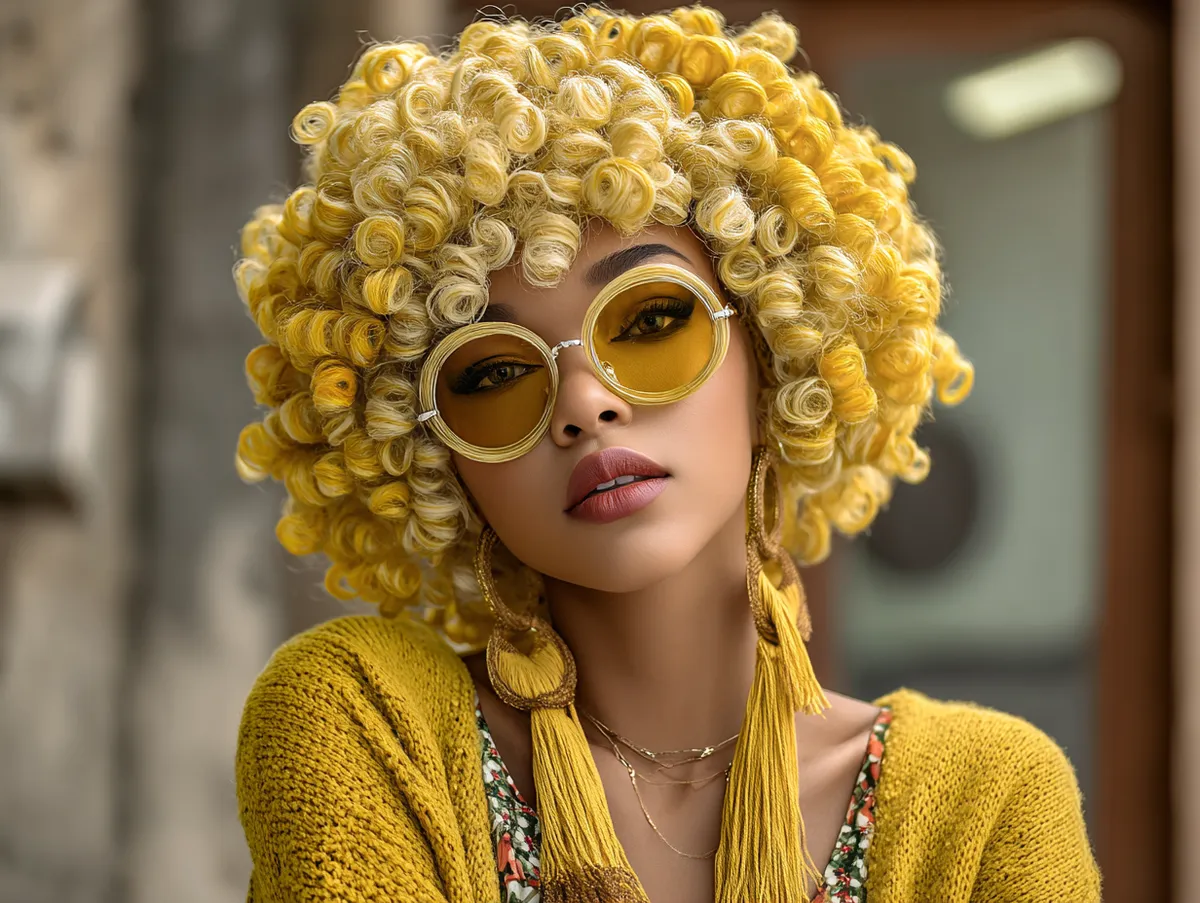 A fashionable woman with crochet hair styles curly in vibrant golden yellow, playful curls bouncing, chic urban café backdrop