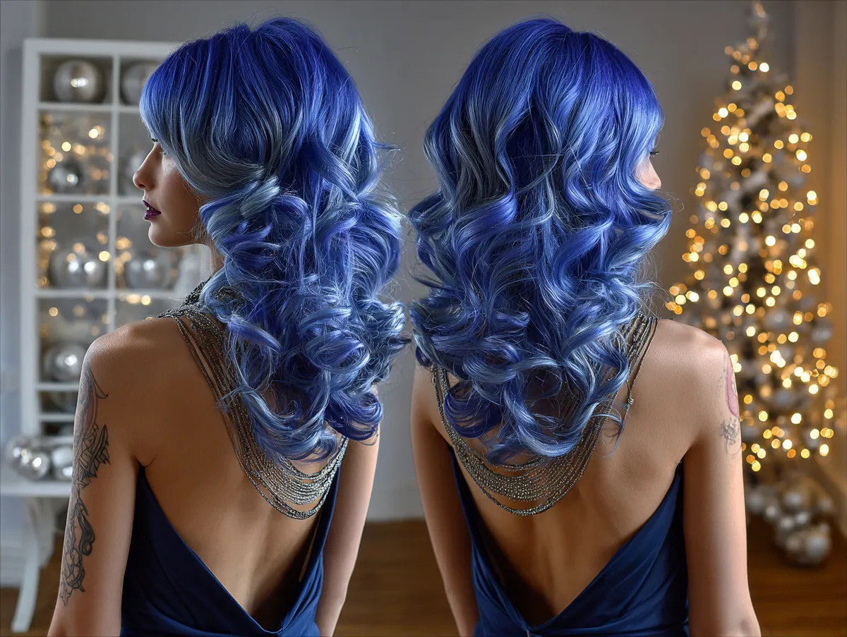 A jellyfish haircut with cascading long curly layers, vivid electric blue color, styled for a glamorous evening party, glowing under festive lights, elegant and edgy