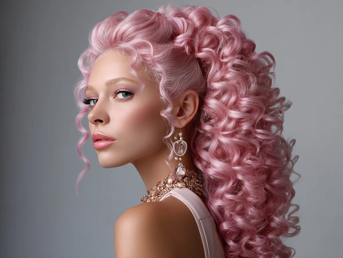 A stretched mullet with long curly hair in radiant pink, voluminous curls flowing at the back, chic styling for a festive evening celebration, playful and bold