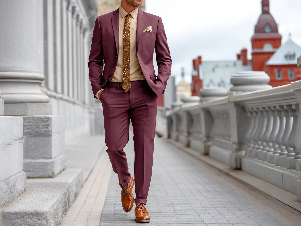 full-length man wearing a tailored burgundy suit with beige dress shirt and matching tie, polished brown shoes, elegant city background, modern formal look