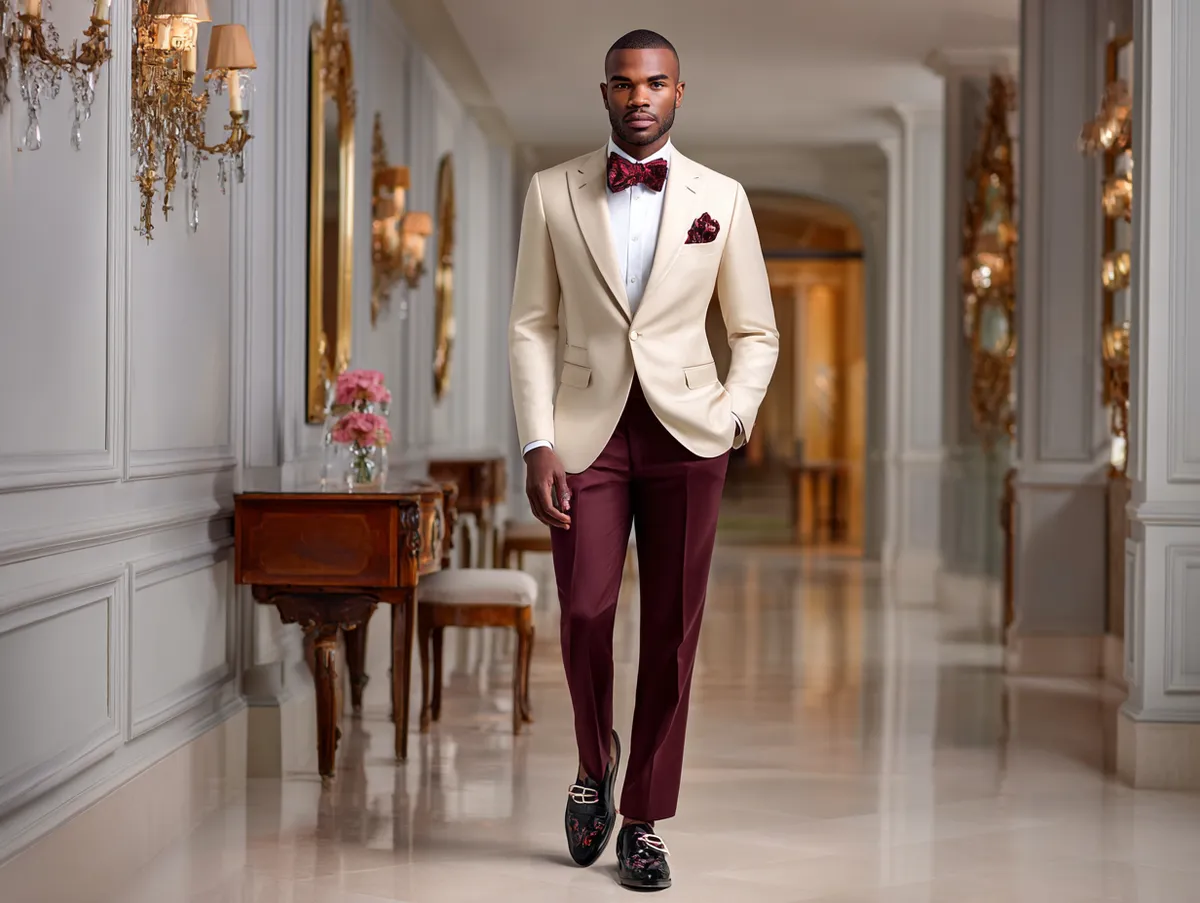 full-length man in beige suit styled with burgundy tie, burgundy pocket square, brown belt and shoes, modern interior background, confident and refined look