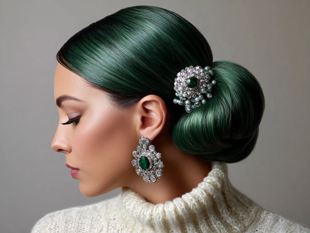 An elegant French roll hairstyle in emerald green hair, smooth and glossy, styled for a festive evening with sparkling accessories