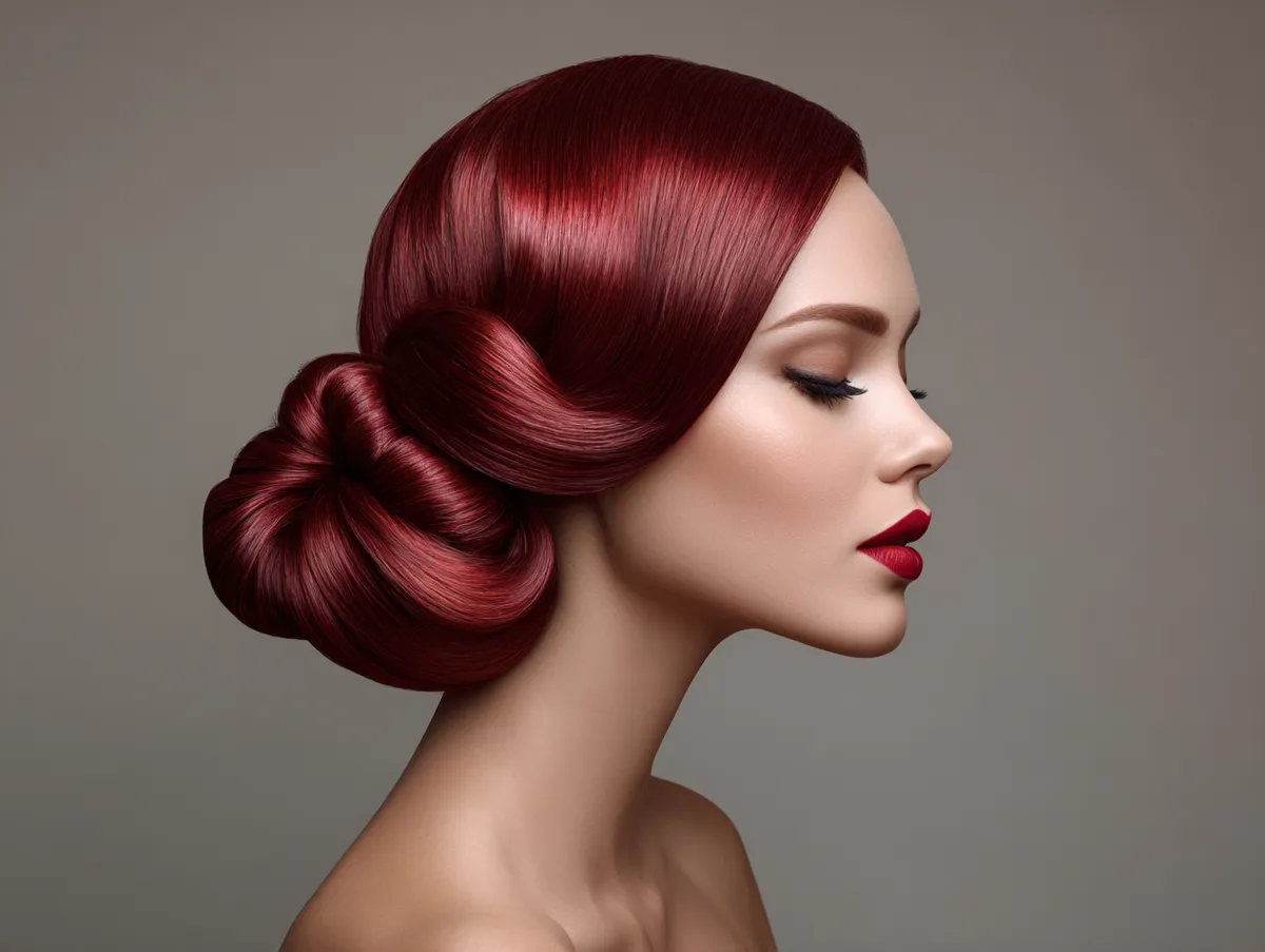 A graceful French roll hairstyle styled in ruby red hair, elegant and glossy, perfect for evening celebrations, with soft lighting that highlights the smooth curves of the roll
