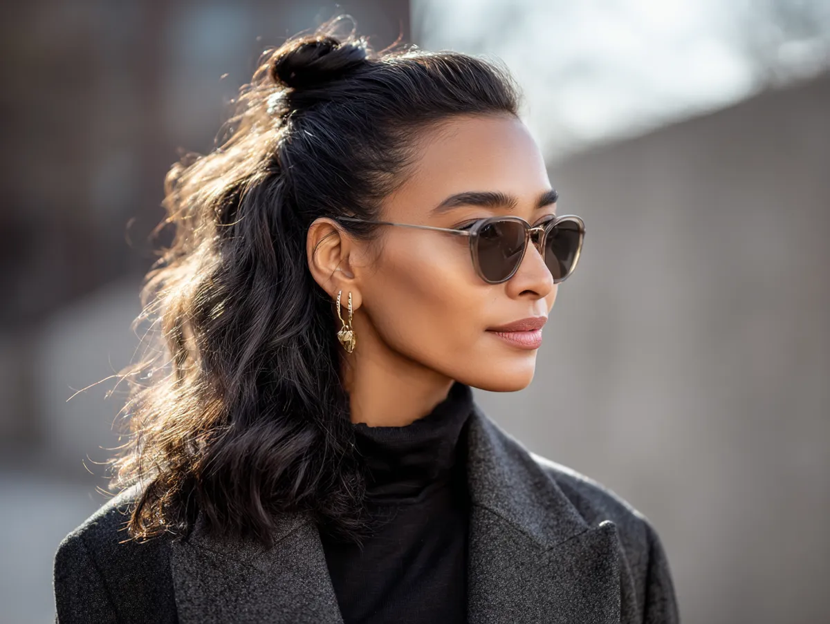 A stylish woman with medium hair styled into a glossy half up twist, casual chic fashion, outdoor city setting, soft sunlight