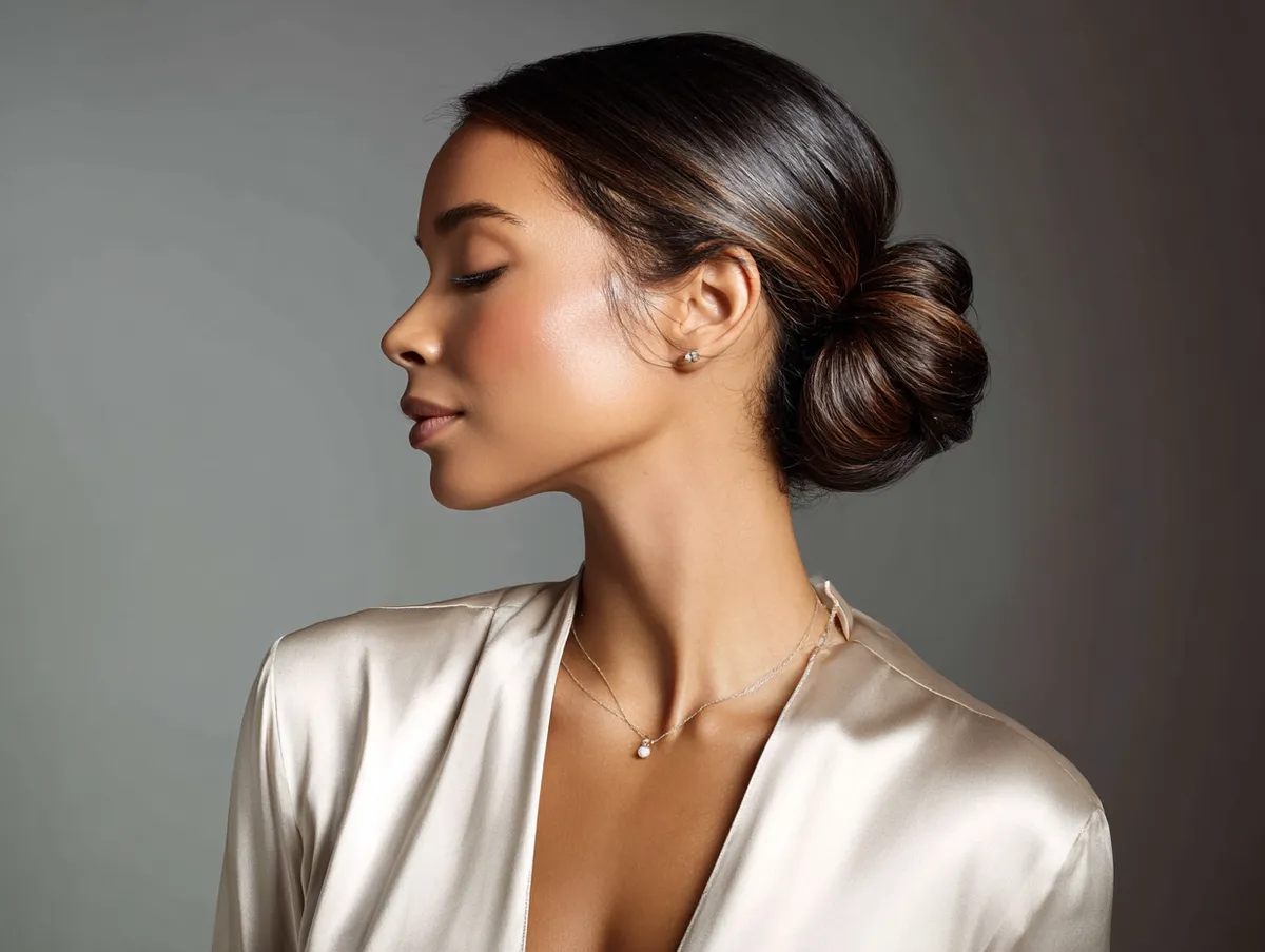A woman with medium length hair styled into a glossy low bun, elegant outfit, chic minimalist background