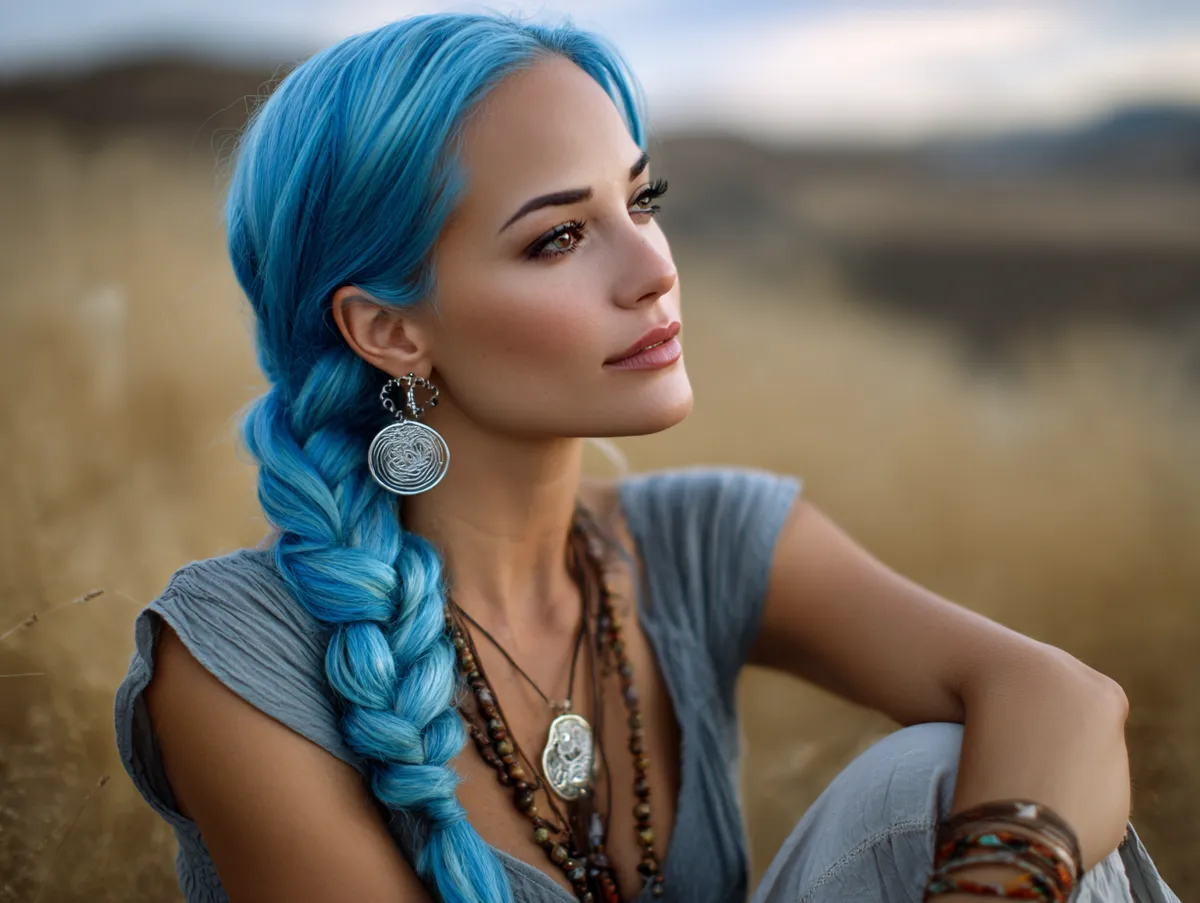 A woman with long bright blue hair styled into a glossy loose side braid, bohemian fashion, outdoor meadow setting, golden hour glow
