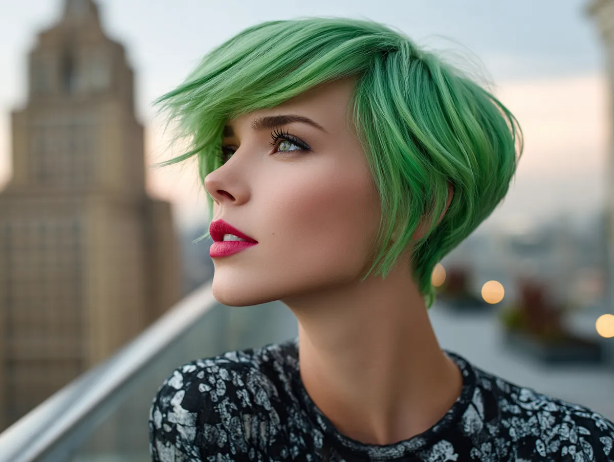 A woman with a square face wearing bright green grunge hairstyles in a layered bob, textured volume, city rooftop at dusk, bold cinematic tone