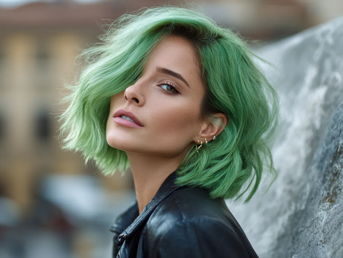 Bright green layered bob grunge hairstyles for square face