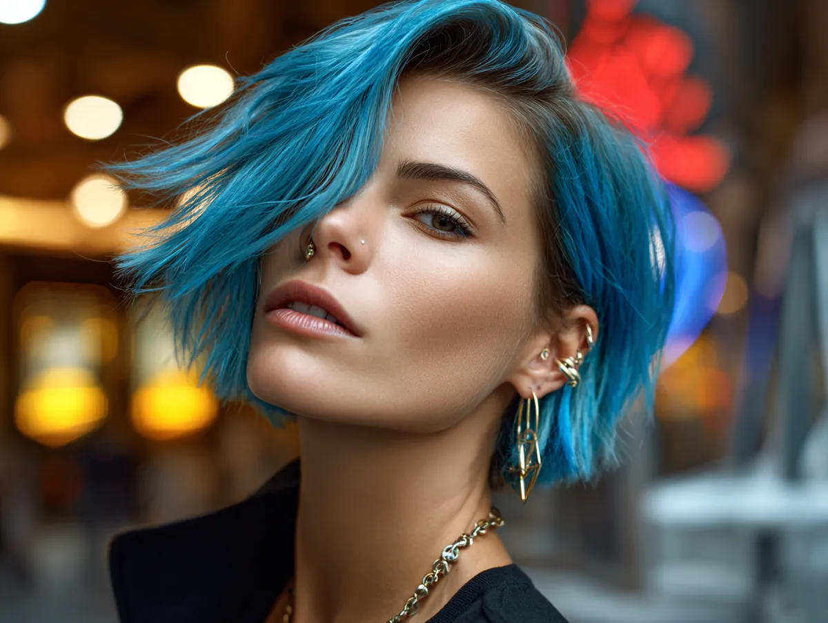 Electric blue grunge hairstyles with choppy ends for square face