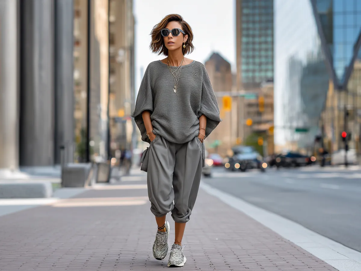 A stylish woman walking through an urban street in daylight wearing a chic jersey combination of oversized top and sleek trousers paired with trendy sneakers, city architecture in the background, modern and fashionable