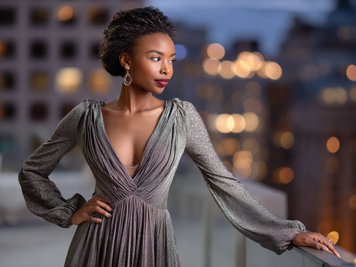 An elegant woman at an evening rooftop event wearing a flowing jersey dress with subtle shimmer, soft city lights in the background, refined atmosphere, graceful and fashionable