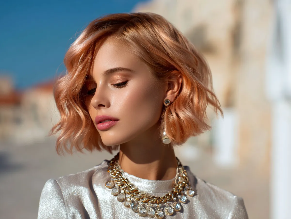 A stylish model with a soft golden peach bob hairstyle, sunlight reflecting, elegant outfit, warm and radiant atmosphere