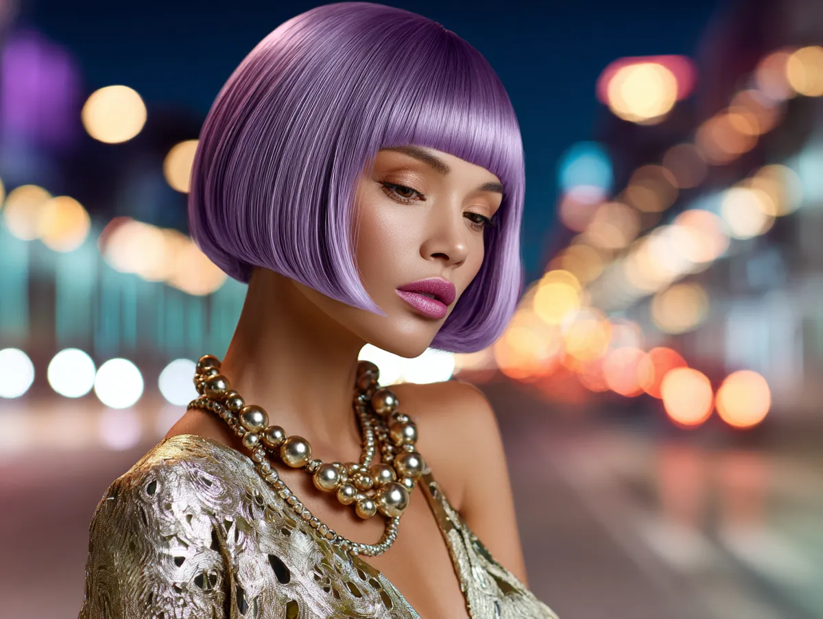 A fashionable woman with a sleek purple bob hairstyle, glowing under city lights, modern and chic look, vibrant mood